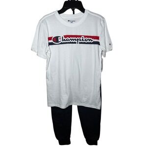 Champion 2pc Joggers Set Boys Size Large(12) White T-Shirt Navy Blue NWT